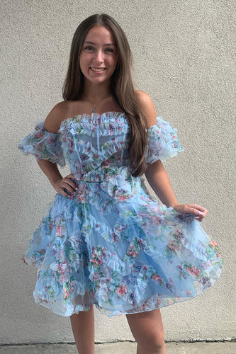 A-Line Blue Off The Shoulder Floral Corset Short Homecoming Dress