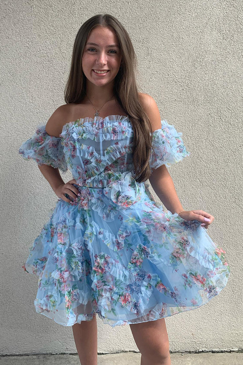 Load image into Gallery viewer, A-Line Blue Off The Shoulder Floral Corset Short Homecoming Dress