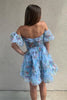 Load image into Gallery viewer, A-Line Blue Off The Shoulder Floral Corset Short Homecoming Dress