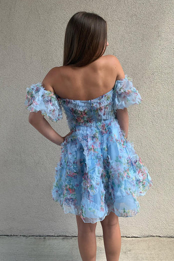 A-Line Blue Off The Shoulder Floral Corset Short Homecoming Dress