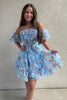 Load image into Gallery viewer, A-Line Blue Off The Shoulder Floral Corset Short Homecoming Dress