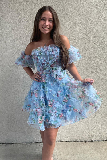 A-Line Blue Off The Shoulder Floral Corset Short Homecoming Dress