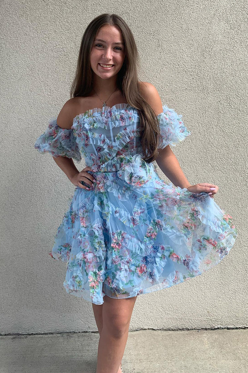 Load image into Gallery viewer, A-Line Blue Off The Shoulder Floral Corset Short Homecoming Dress