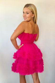 A-Line Fuchsia Strapless Tulle Short Homecoming Dress with Ruffles