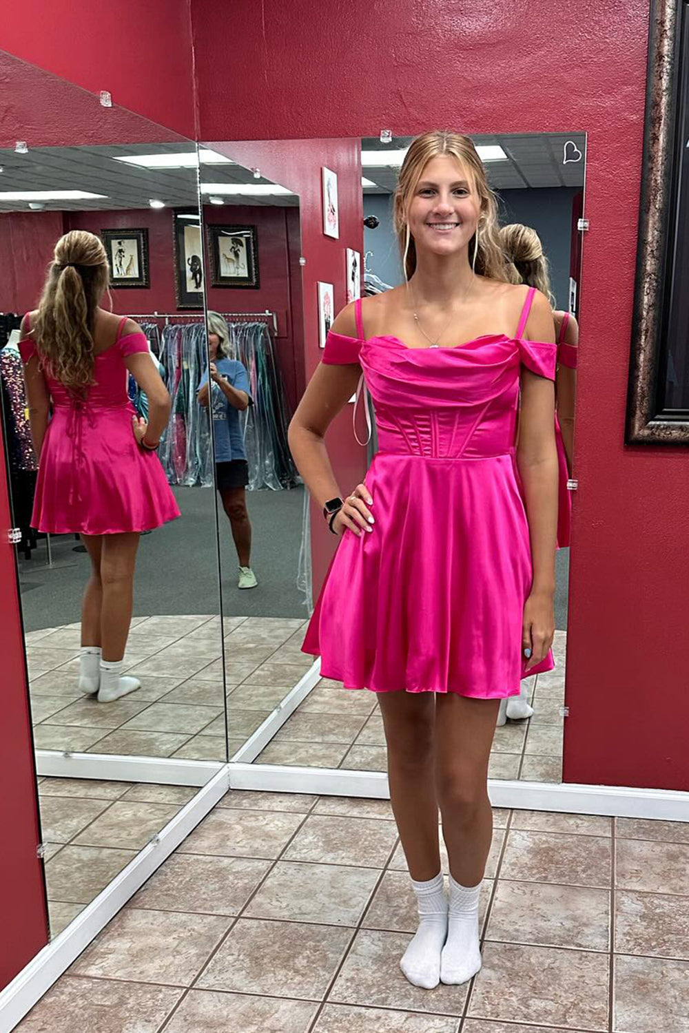 Fuchsia A-Line Cold Shoulder Corset Short Homecoming Dress