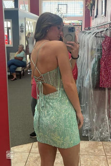 Sparkly Light Green Spaghetti Straps Tight Corset Short Homecoming Dress