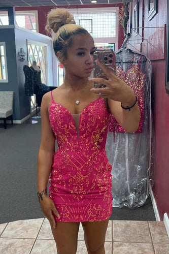 Fuchsia Spaghetti Straps Tight Short Homecoming Dress with Sequins