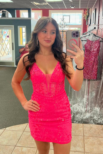 Sparkly Fuchsia Spaghetti Straps Tight Homecoming Dress with Lace Up Back