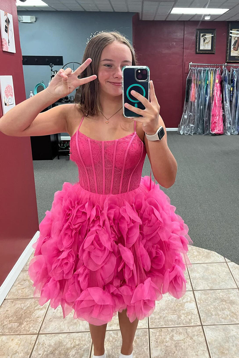 Load image into Gallery viewer, A Line Fuchsia Spaghetti Straps Corset Homecoming Dress with Ruffles