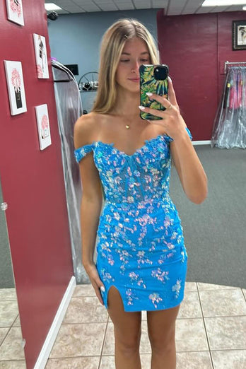 Off The Shoulder Blue Tight Corset Sequined Homecoming Dress with Slit