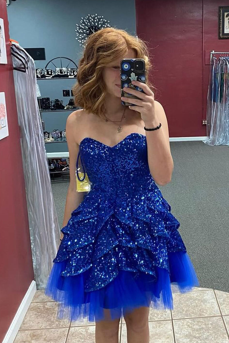 Load image into Gallery viewer, Sparkly Royal Blue Sweetheart Tight Tiered Homecoming Dress