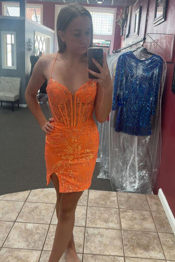 Sparkly Orange Spaghetti Straps Short Homecoming Dress with Slit