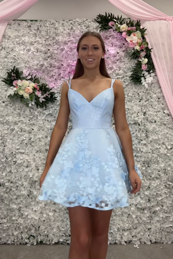 Sparkly A Line Light Blue Spaghetti Straps Homecoming Dress with Appliques