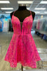 Load image into Gallery viewer, Sparkly Fuchsia A Line Spaghetti Straps Short Homecoming Dress