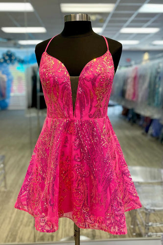 Sparkly Fuchsia A Line Spaghetti Straps Short Homecoming Dress