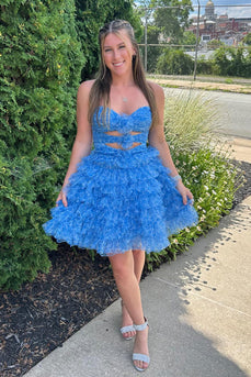 Blue A Line Sweetheart Hollow Out Tulle Homecoming Dress with Ruffles