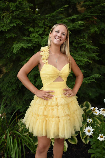 Yellow A Line Tulle Short Homecoming Dress with Ruffles