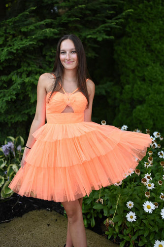 A Line Orange Lace-Up Back Tulle Short Homecoming Dress