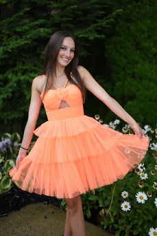 A Line Orange Lace-Up Back Tulle Short Homecoming Dress