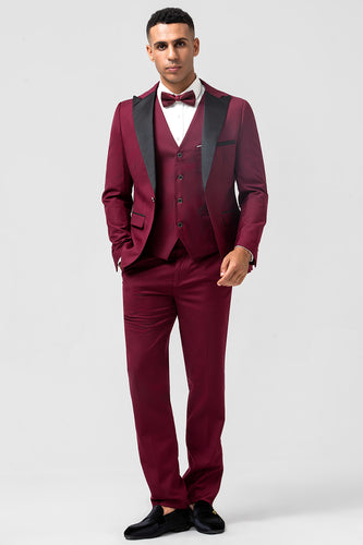 Burgundy Peak Lapel One Button Jacquard 3 Piece Prom Suits