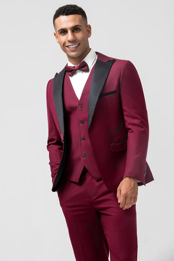 Burgundy Peak Lapel One Button Jacquard 3 Piece Prom Suits