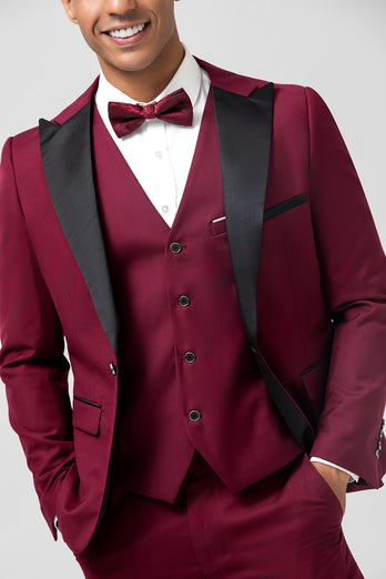 Burgundy Peak Lapel One Button Jacquard 3 Piece Prom Suits