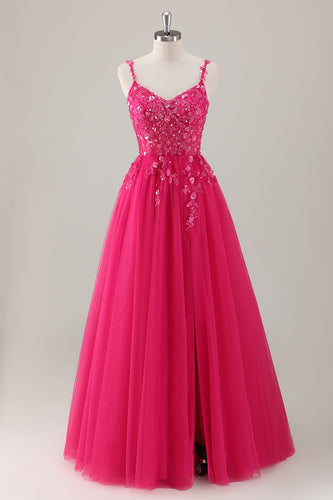 Fuchsia Spaghetti Straps A-Line Appliques Long Prom Dress with Slit