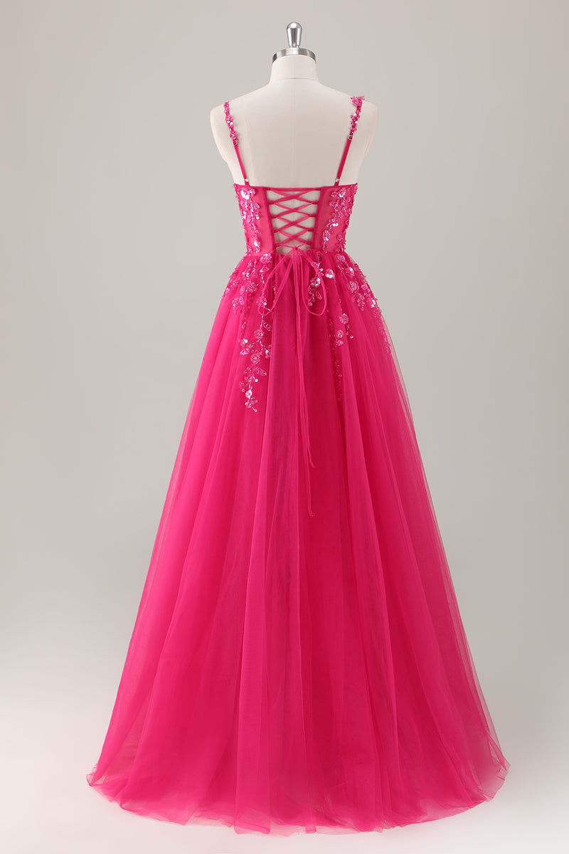 Load image into Gallery viewer, Fuchsia Spaghetti Straps A-Line Appliques Long Prom Dress with Slit