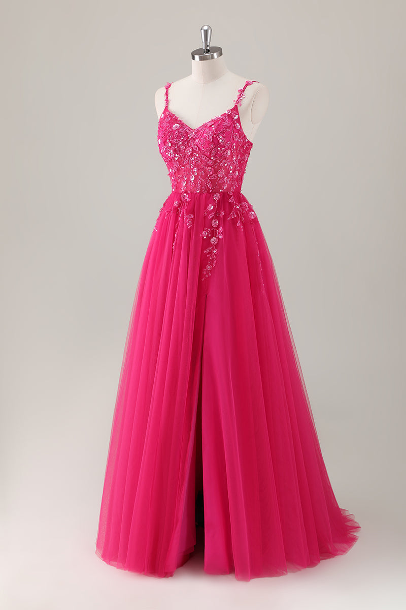 Load image into Gallery viewer, Fuchsia Spaghetti Straps A-Line Appliques Long Prom Dress with Slit