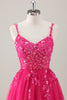 Load image into Gallery viewer, Fuchsia Spaghetti Straps A-Line Appliques Long Prom Dress with Slit