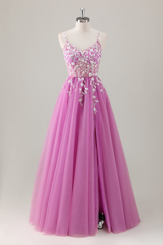 Spaghetti Straps Purple A-Line Sequined Long Prom Dress with Appliques