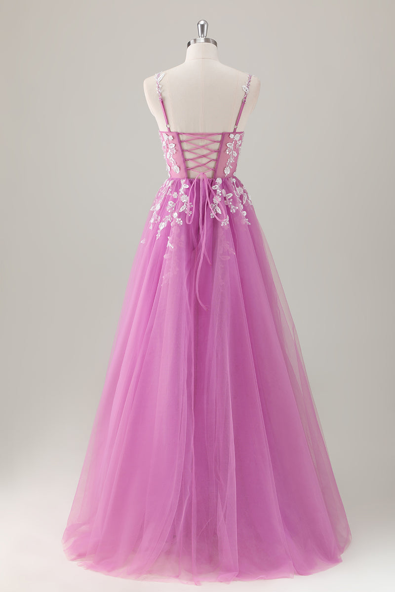 Load image into Gallery viewer, Spaghetti Straps Purple A-Line Sequined Long Prom Dress with Appliques