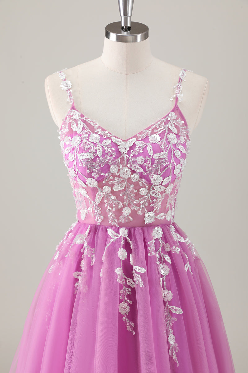 Load image into Gallery viewer, Spaghetti Straps Purple A-Line Sequined Long Prom Dress with Appliques