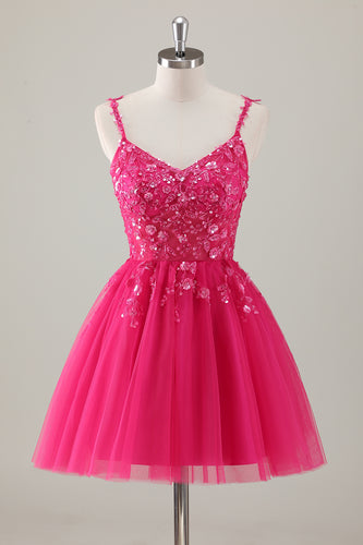 Fuchsia Spaghetti Straps A-Line Sequined Homecoming Dress with Appliques