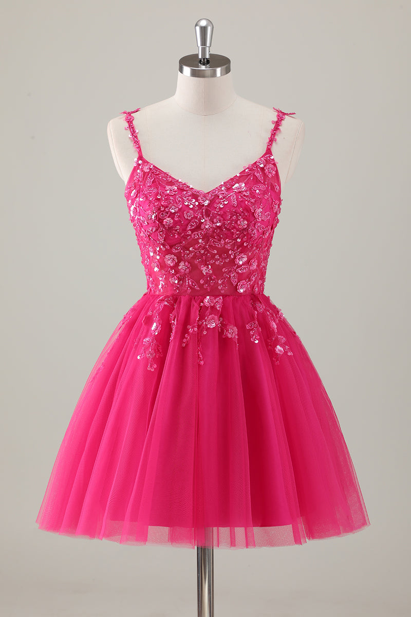 Load image into Gallery viewer, Fuchsia Spaghetti Straps A-Line Sequined Homecoming Dress with Appliques