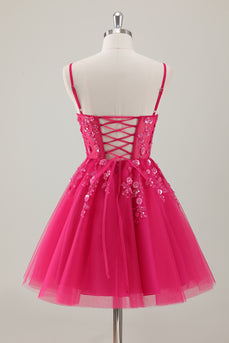 Fuchsia Spaghetti Straps A-Line Sequined Homecoming Dress with Appliques