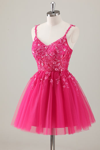 Fuchsia Spaghetti Straps A-Line Sequined Homecoming Dress with Appliques