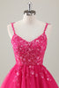 Load image into Gallery viewer, Fuchsia Spaghetti Straps A-Line Sequined Homecoming Dress with Appliques