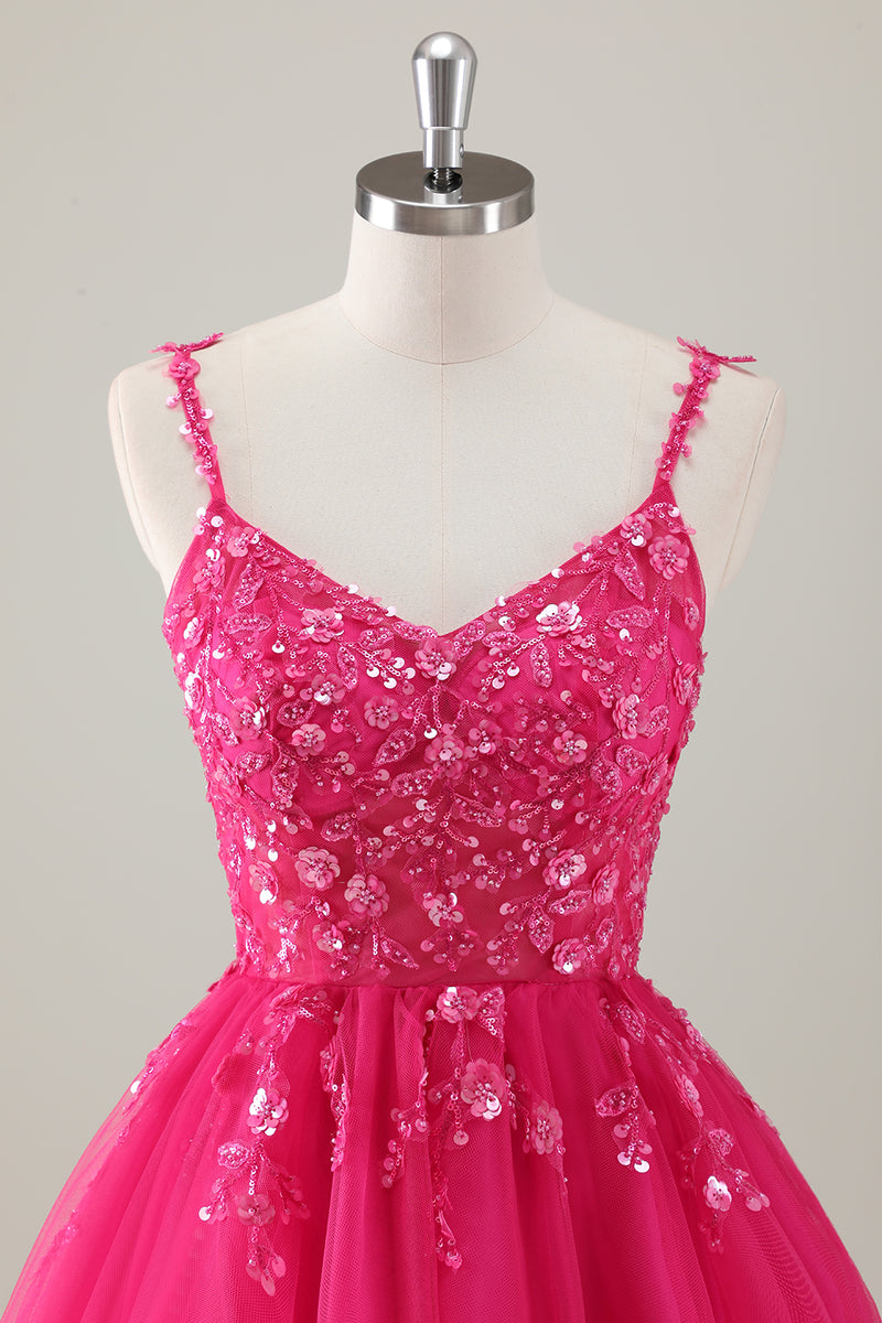 Load image into Gallery viewer, Fuchsia Spaghetti Straps A-Line Sequined Homecoming Dress with Appliques