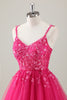 Load image into Gallery viewer, Fuchsia Spaghetti Straps A-Line Sequined Homecoming Dress with Appliques