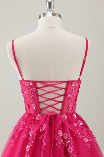 Fuchsia Spaghetti Straps A-Line Sequined Homecoming Dress with Appliques