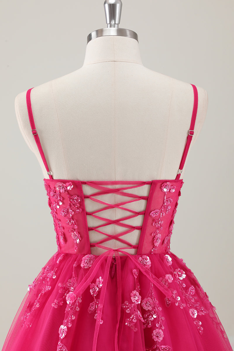 Load image into Gallery viewer, Fuchsia Spaghetti Straps A-Line Sequined Homecoming Dress with Appliques