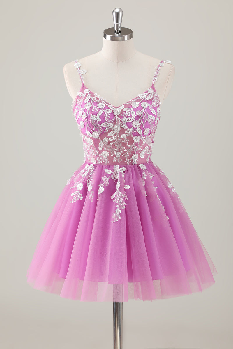 Load image into Gallery viewer, Sparkly Purple Spaghetti Straps A-Line Homecoming Dress with Appliques