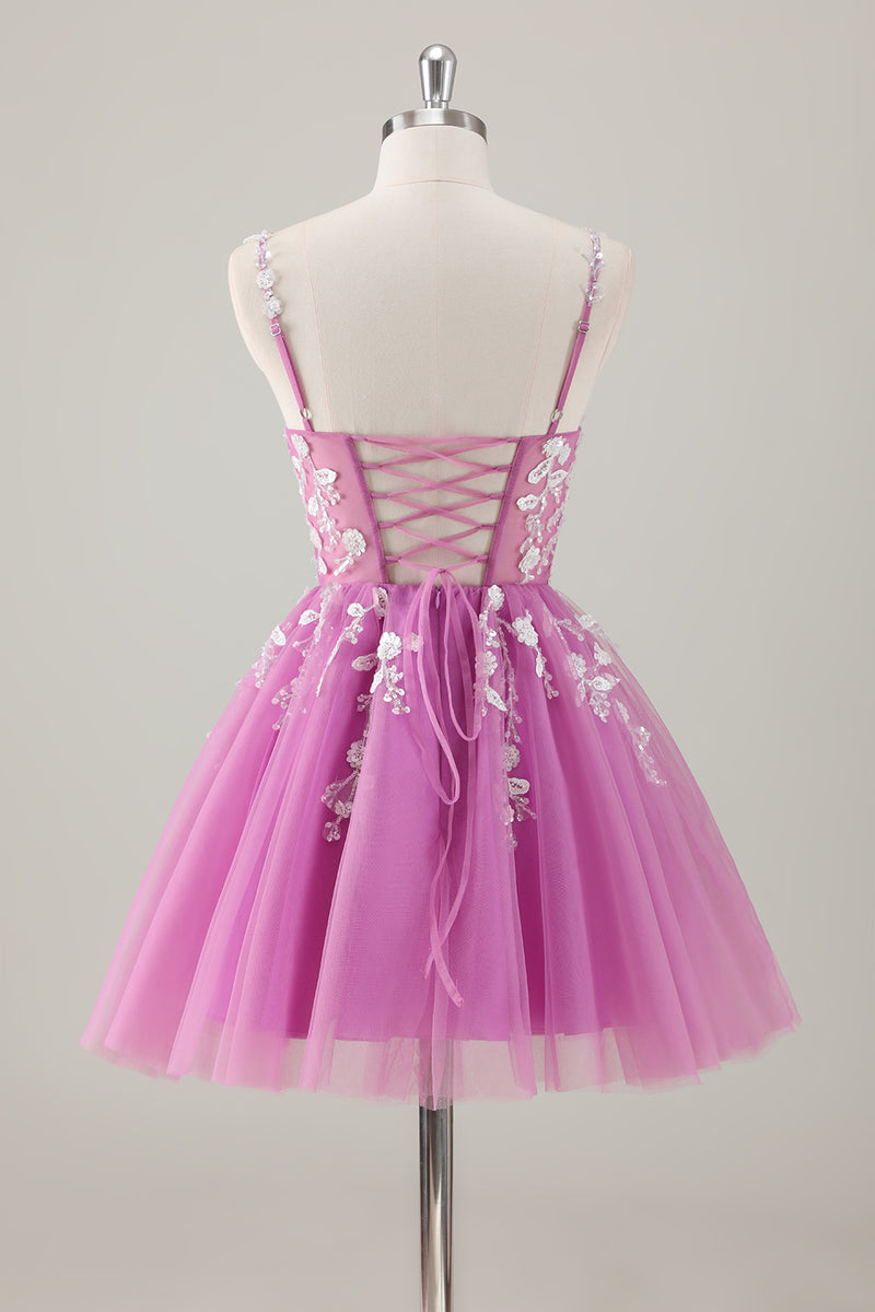 Load image into Gallery viewer, Sparkly Purple Spaghetti Straps A-Line Homecoming Dress with Appliques