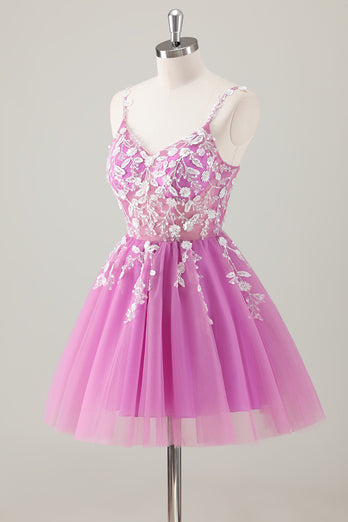 Sparkly Purple Spaghetti Straps A-Line Homecoming Dress with Appliques