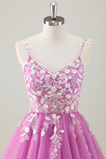 Sparkly Purple Spaghetti Straps A-Line Homecoming Dress with Appliques