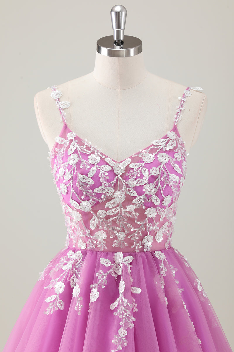 Load image into Gallery viewer, Sparkly Purple Spaghetti Straps A-Line Homecoming Dress with Appliques