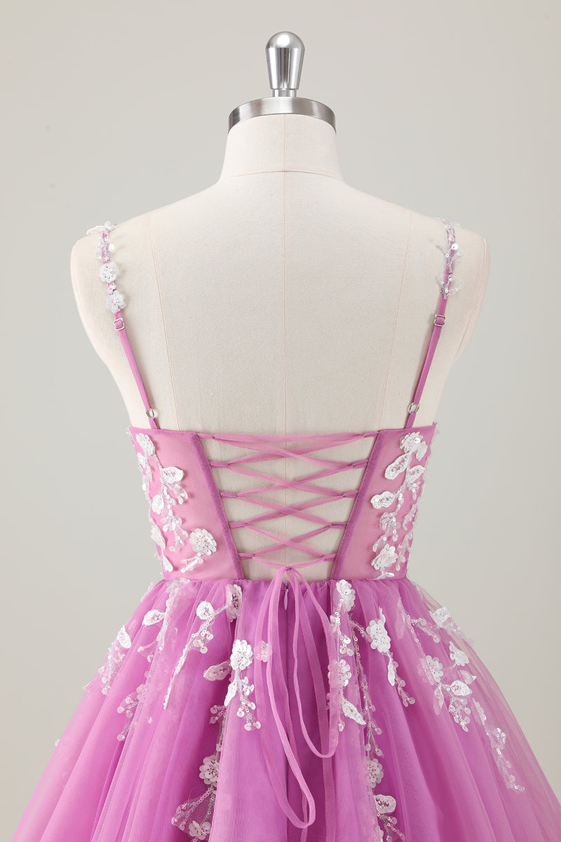 Load image into Gallery viewer, Sparkly Purple Spaghetti Straps A-Line Homecoming Dress with Appliques