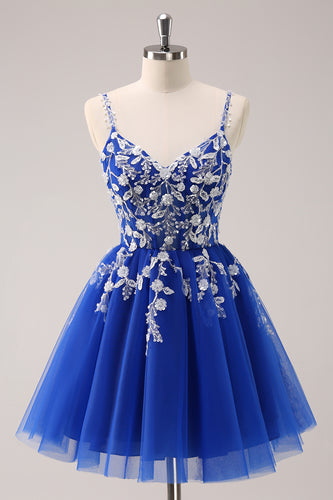 Royal Blue A-Line Spaghetti Straps Homecoming Dress with Appliques