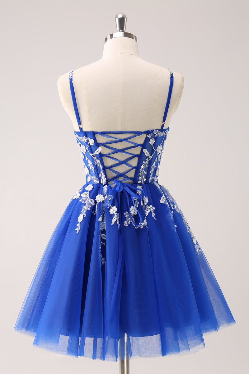 Load image into Gallery viewer, Royal Blue A-Line Spaghetti Straps Homecoming Dress with Appliques